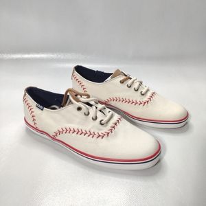 KEDS WHITE CANVAS RED STITCHED BASEBALL PATTERN SNEAKERS SHOES WOMEN'S SZ 6 EUC!